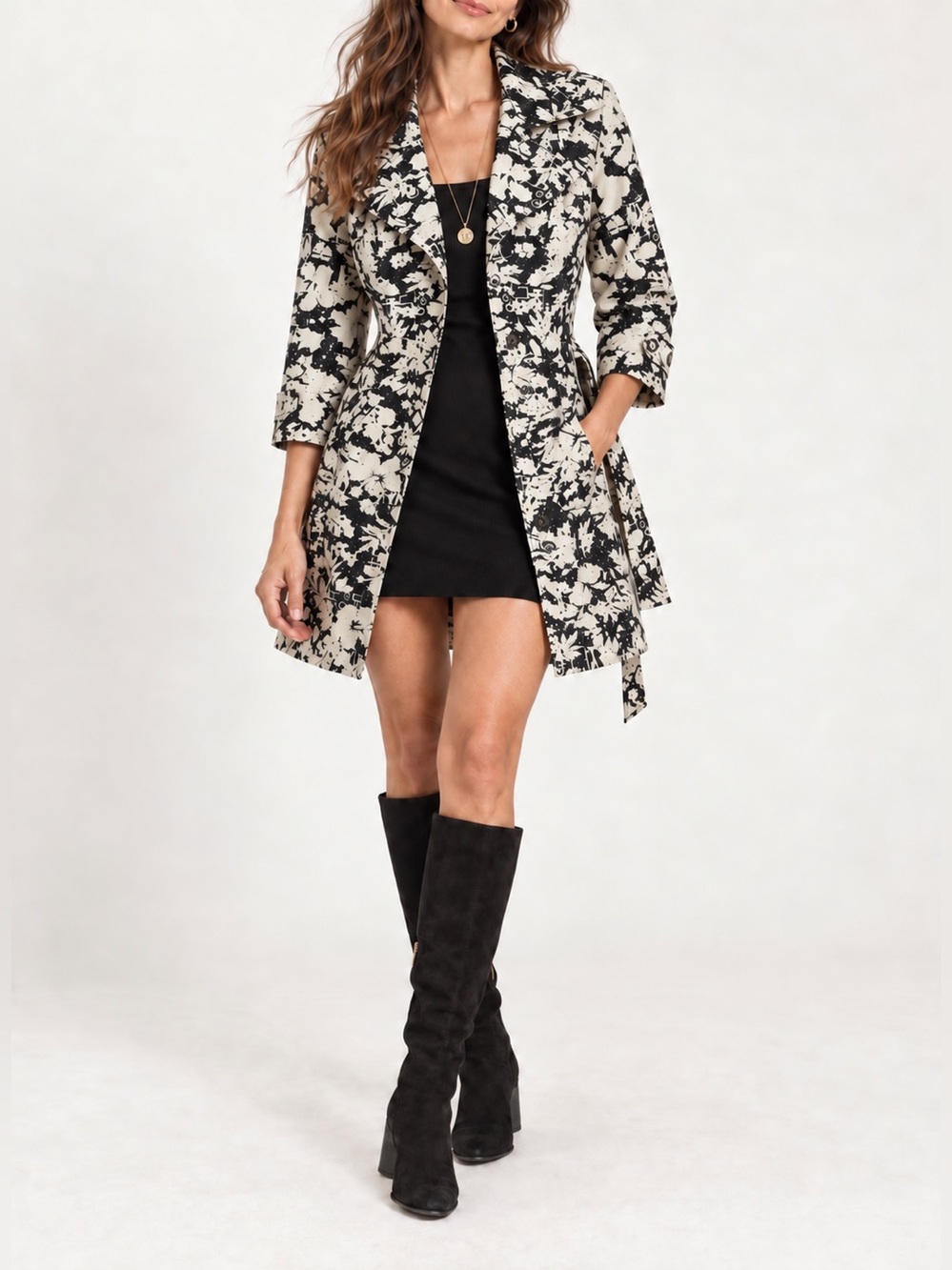 Forever 21 Black Cream Graffiti Print Belted Trench Coat 3/4 Sleeve Small